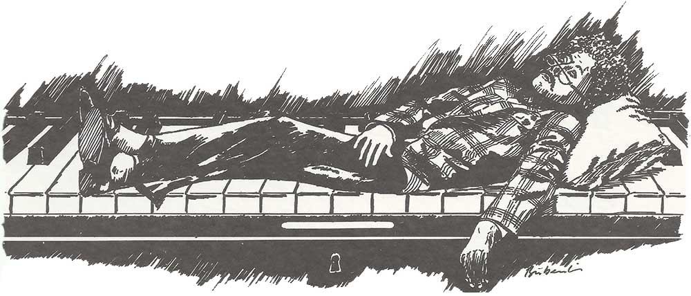 Karikatur Christian Elsas auf dem Piano liegend